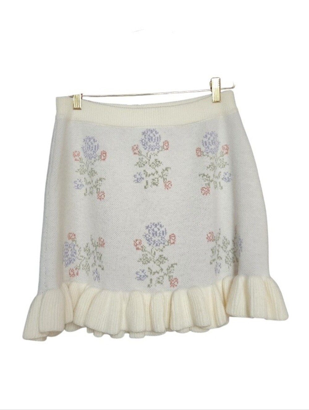 Cream Floral Ruffle Knit A-Line Skirt